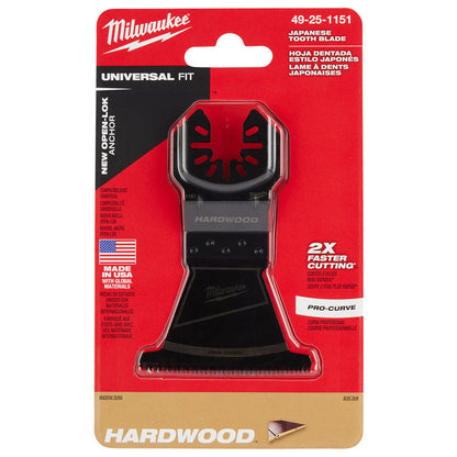 Milwaukee 49-25-1151 OPEN-LOK 2-1/2-inch Universal Fit HCS Japanese Teeth Hardwood Cutting Multi-Tool Oscillating Blade showing blade set in packaging