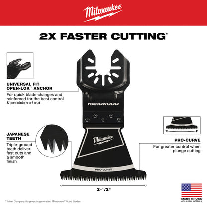Milwaukee 49-25-1151 OPEN-LOK 2-1/2-inch Universal Fit HCS Japanese Teeth Hardwood Cutting Multi-Tool Oscillating Blade showing features of the blades
