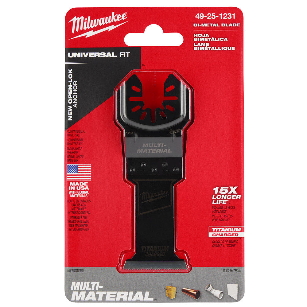 Milwaukee 49-25-1231 OPEN-LOK 1-3/8-inch Universal Fit Titanium Enhanced Bi-Metal Multi-Material Cutting Multi-Tool Oscillating Blade showing blade set in packaging