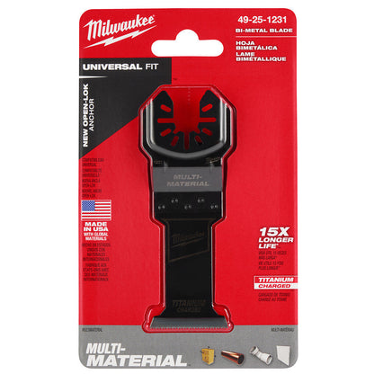 Milwaukee 49-25-1231 OPEN-LOK 1-3/8-inch Universal Fit Titanium Enhanced Bi-Metal Multi-Material Cutting Multi-Tool Oscillating Blade showing blade set in packaging