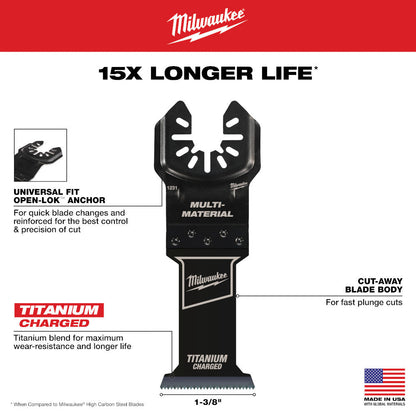 Milwaukee 49-25-1233 OPEN-LOK 1-3/8-inch Universal Fit Titanium Enhanced Bi-Metal Multi-Material Cutting Multi-Tool Oscillating Blades - 3pk showing features of the blades
