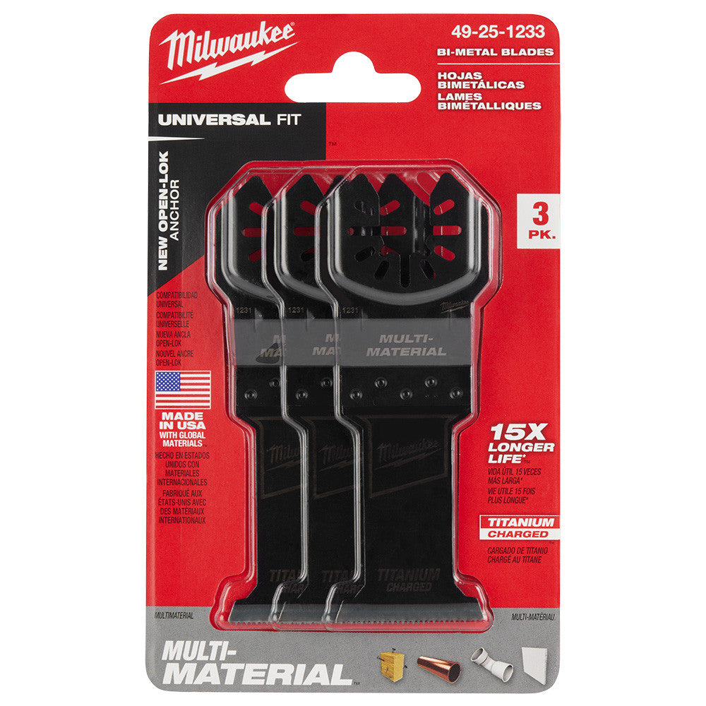 Milwaukee 49-25-1233 OPEN-LOK 1-3/8-inch Universal Fit Titanium Enhanced Bi-Metal Multi-Material Cutting Multi-Tool Oscillating Blades - 3pk showing blade in packaging
