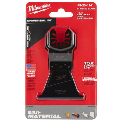 Milwaukee 49-25-1241 OPEN-LOK 2-1/2-inch Universal Fit Titanium Enhanced Bi-Metal Multi-Material Cutting Multi-Tool Oscillating Blade showing blade in packaging