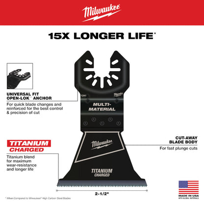 Milwaukee 49-25-1243 OPEN-LOK 2-1/2-inch Universal Fit Titanium Enhanced Bi-Metal Multi-Material Cutting Multi-Tool Oscillating Blades - 3pk showing features of the blades