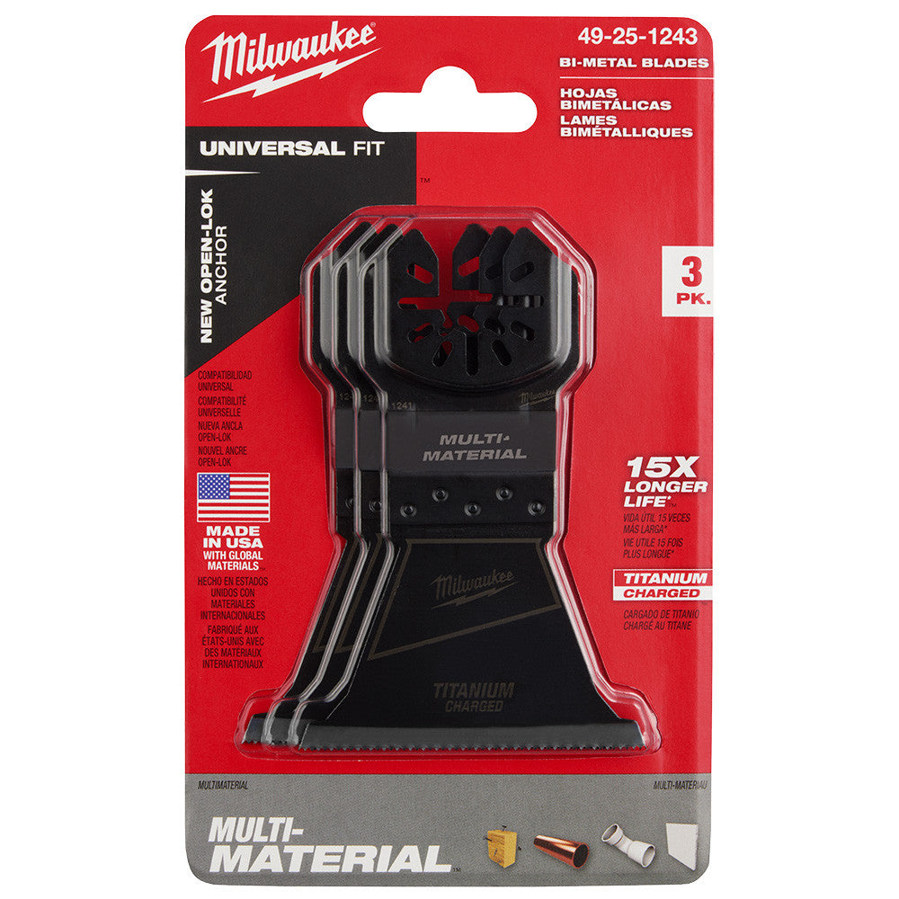 Milwaukee 49-25-1243 OPEN-LOK 2-1/2-inch Universal Fit Titanium Enhanced Bi-Metal Multi-Material Cutting Multi-Tool Oscillating Blades - 3pk showing blade in packaging