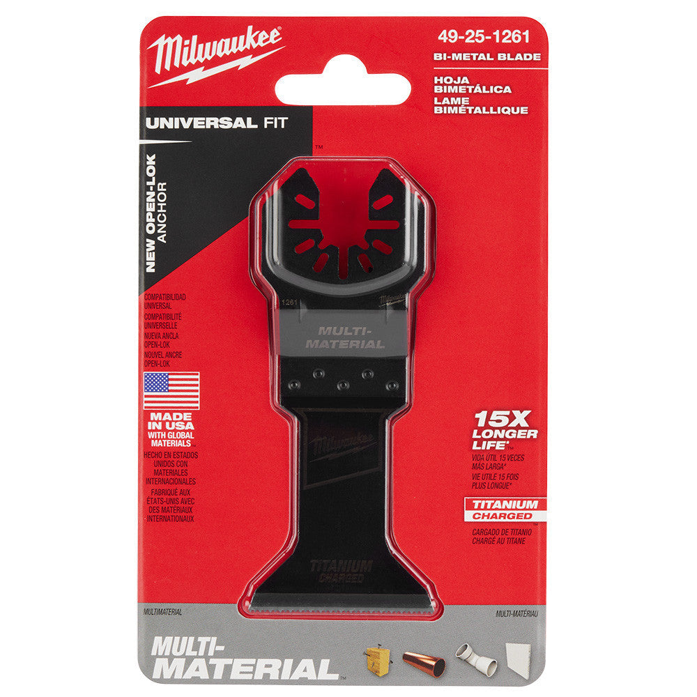 Milwaukee 49-25-1261 OPEN-LOK 1-3/4-inch Universal Fit Titanium Enhanced Bi-Metal Metal Cutting Multi-Tool Oscillating Blade showing blade in packaging