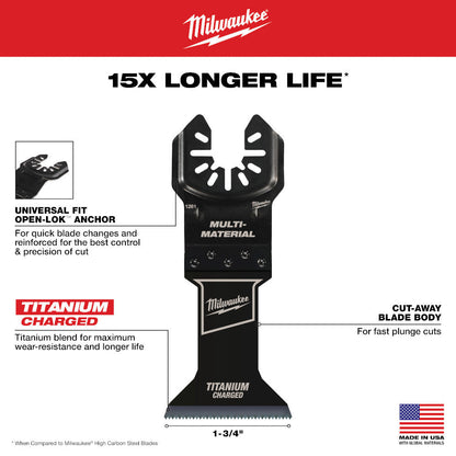 Milwaukee 49-25-1261 OPEN-LOK 1-3/4-inch Universal Fit Titanium Enhanced Bi-Metal Metal Cutting Multi-Tool Oscillating Blade showing features of the blades