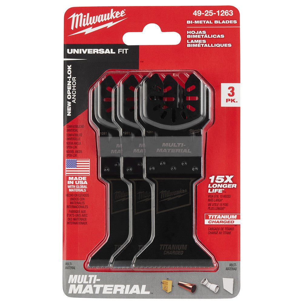 Milwaukee 49-25-1263 OPEN-LOK 1-3/4-inch Universal Fit Titanium Enhanced Bi-Metal Metal Cutting Multi-Tool Oscillating Blades - 3pk showing blade in packaging