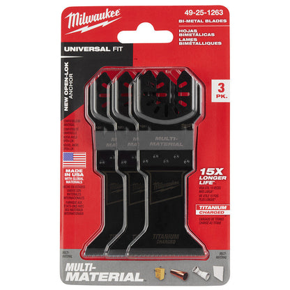 Milwaukee 49-25-1263 OPEN-LOK 1-3/4-inch Universal Fit Titanium Enhanced Bi-Metal Metal Cutting Multi-Tool Oscillating Blades - 3pk showing blade in packaging