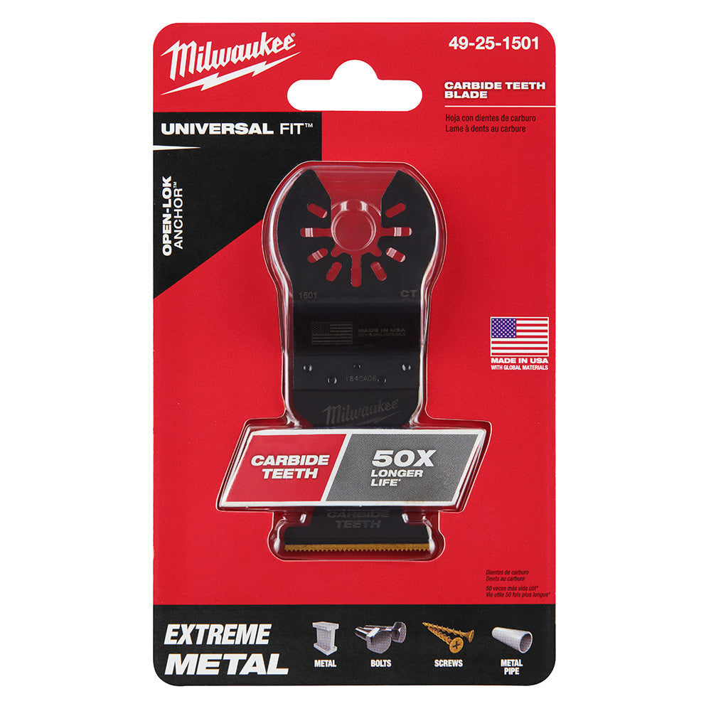 Milwaukee 49-25-1501 OPEN-LOK 1-3/8-inch Universal Fit Titanium Enhanced Carbide Teeth Metal Cutting Multi-Tool Oscillating Blade showing blade in packaging