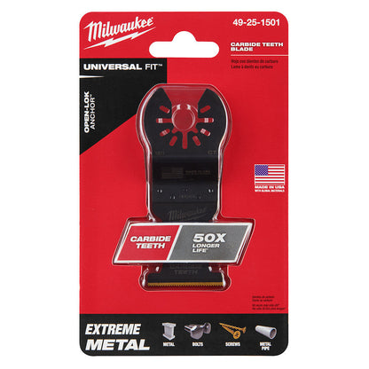 Milwaukee 49-25-1501 OPEN-LOK 1-3/8-inch Universal Fit Titanium Enhanced Carbide Teeth Metal Cutting Multi-Tool Oscillating Blade showing blade in packaging