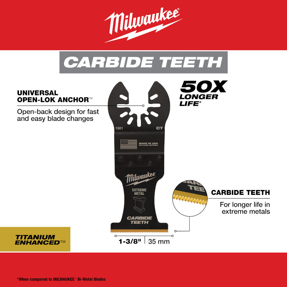 Milwaukee 49-25-1503 OPEN-LOK 1-3/8-inch Universal Fit Titanium Enhanced Carbide Teeth Metal Cutting Multi-Tool Oscillating Blades - 3pk showing features of the blades