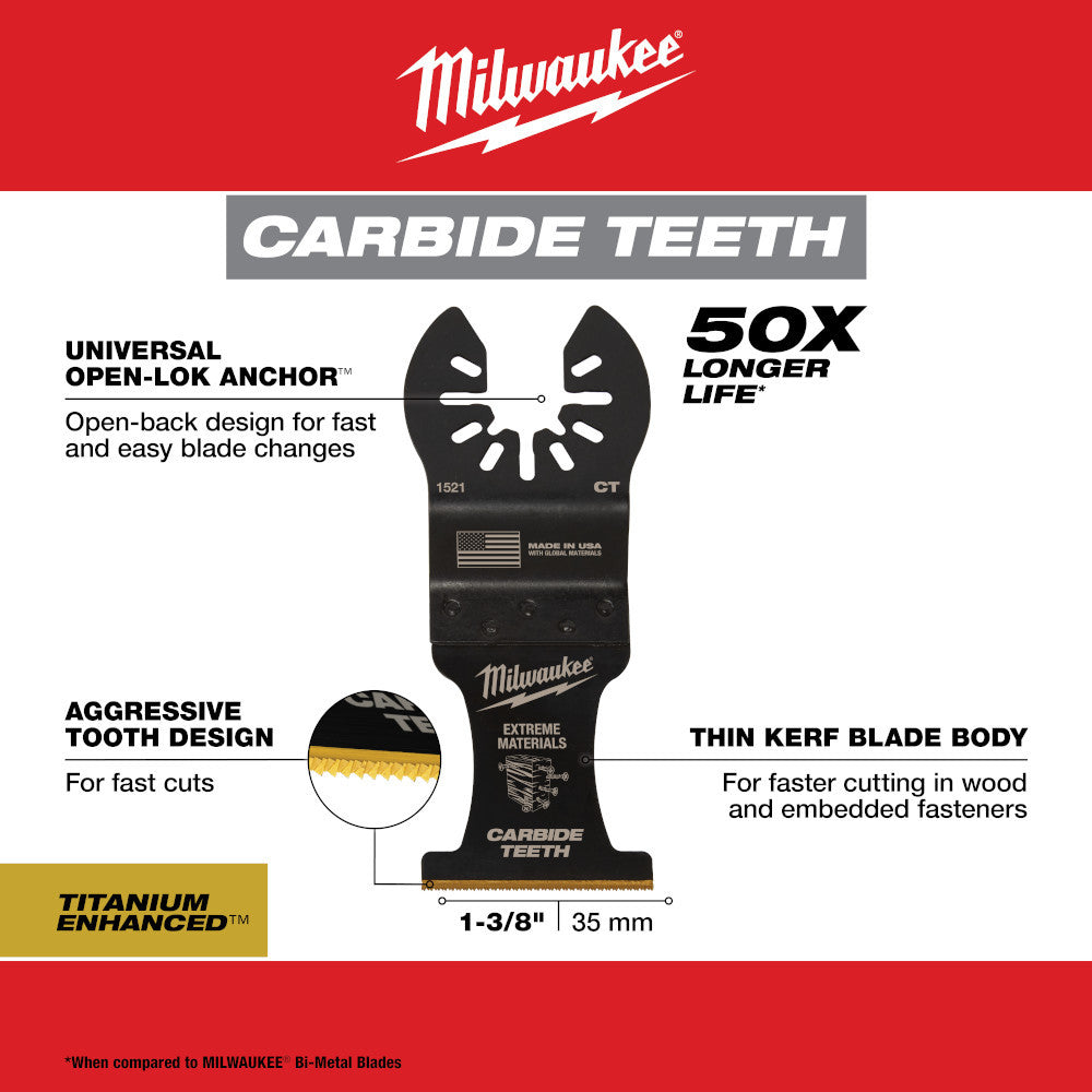 Milwaukee 49-25-1523 OPEN-LOK 1-3/8-inch Universal Fit Titanium Enhanced Carbide Teeth Multi-Material Cutting Multi-Tool Oscillating Blades - 3pk showing features of the blades