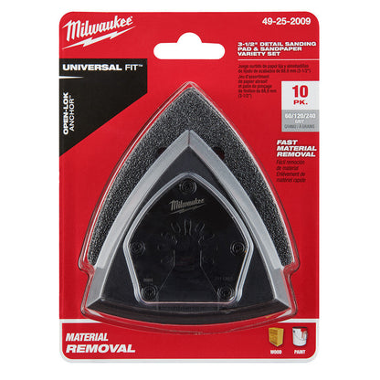 Milwaukee 49-25-2009 OPEN-LOK 10pc 3-1/2-inch Triangle Universal Fit Multi-Tool Oscillating Sanding Pad & Paper Set showing set in packaging