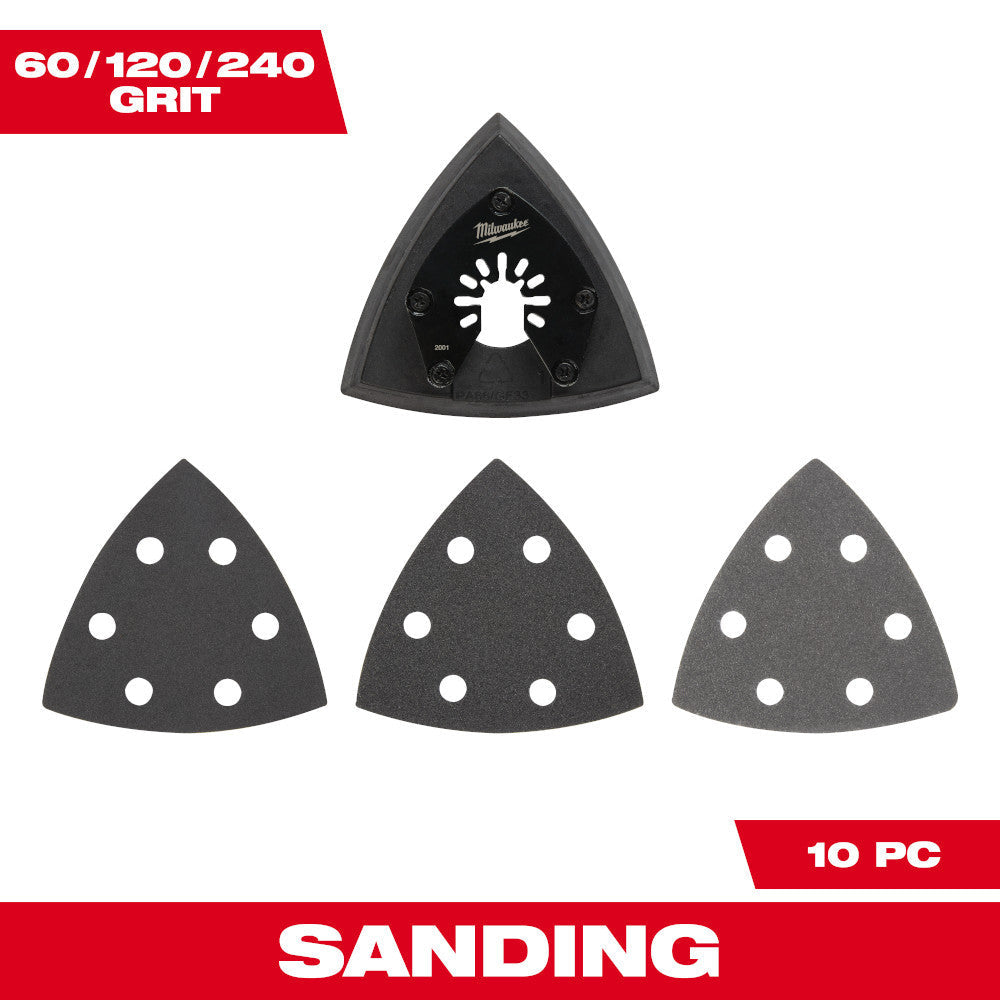 Milwaukee 49-25-2009 OPEN-LOK 10pc 3-1/2-inch Triangle Universal Fit Multi-Tool Oscillating Sanding Pad  and Paper Set
