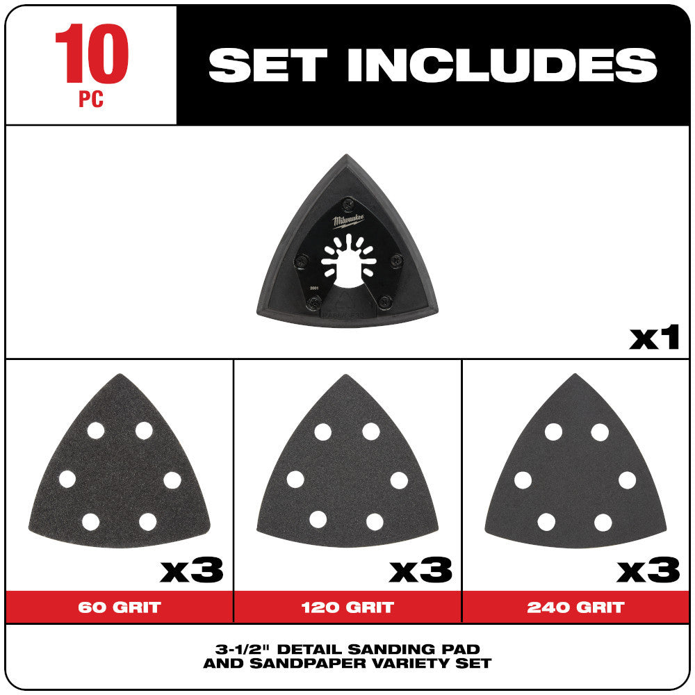 Milwaukee 49-25-2009 OPEN-LOK 10pc 3-1/2-inch Triangle Universal Fit Multi-Tool Oscillating Sanding Pad  and Paper Set showing inclusions of the set