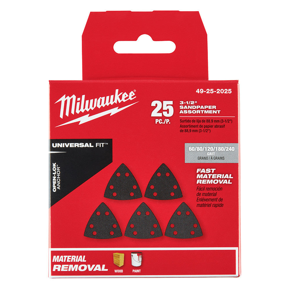 Milwaukee 49-25-2025 OPEN-LOK 25pc 3-1/2-inch Triangle Universal Fit Multi-Tool Oscillating Sanding Paper Set  showing set in packaging