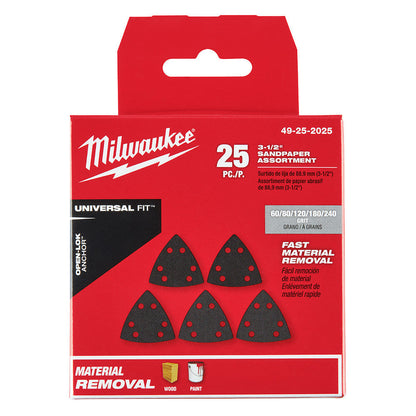 Milwaukee 49-25-2025 OPEN-LOK 25pc 3-1/2-inch Triangle Universal Fit Multi-Tool Oscillating Sanding Paper Set  showing set in packaging