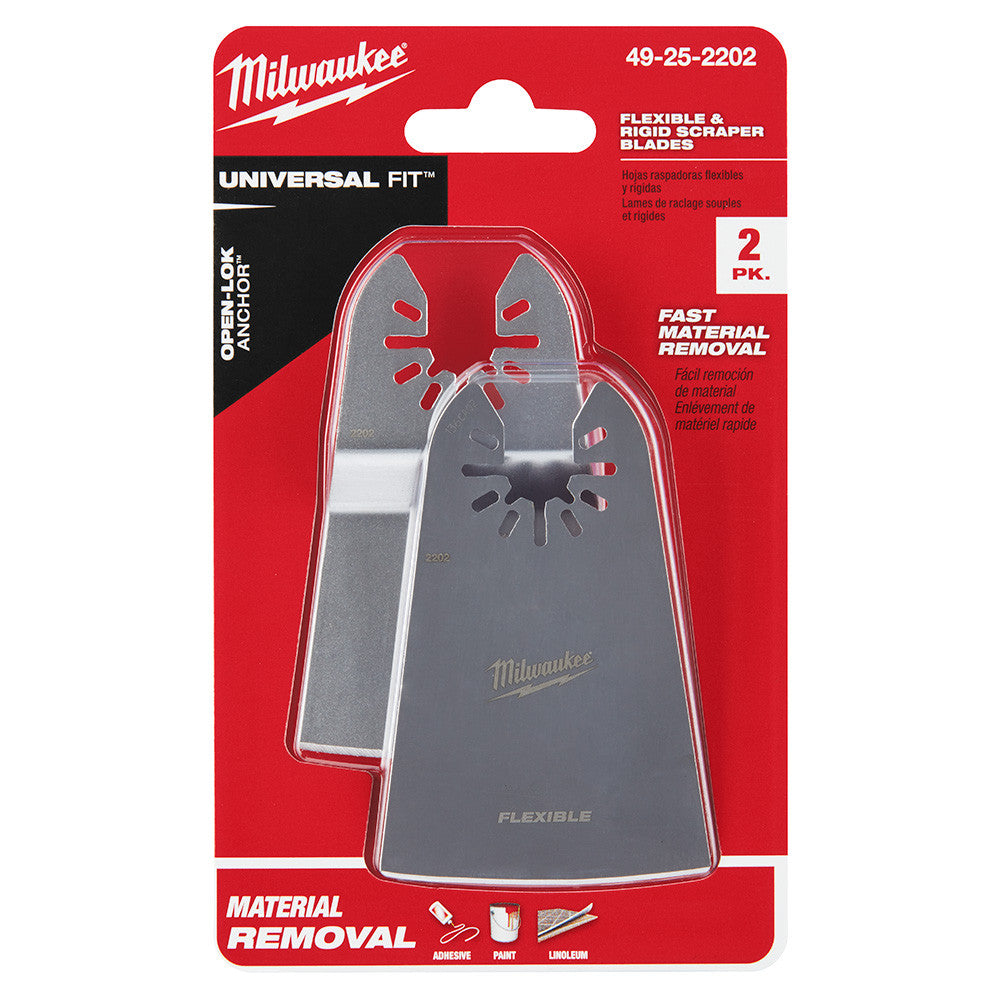 Milwaukee 49-25-2202 OPEN-LOK 2pc 2-inchUniversal Fit Rigid & Flexible Multi-Tool Oscillating Scraper Set showing scrapers in packaging
