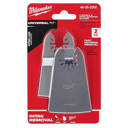 Milwaukee 49-25-2202 OPEN-LOK 2pc 2-inchUniversal Fit Rigid & Flexible Multi-Tool Oscillating Scraper Set showing scrapers in packaging