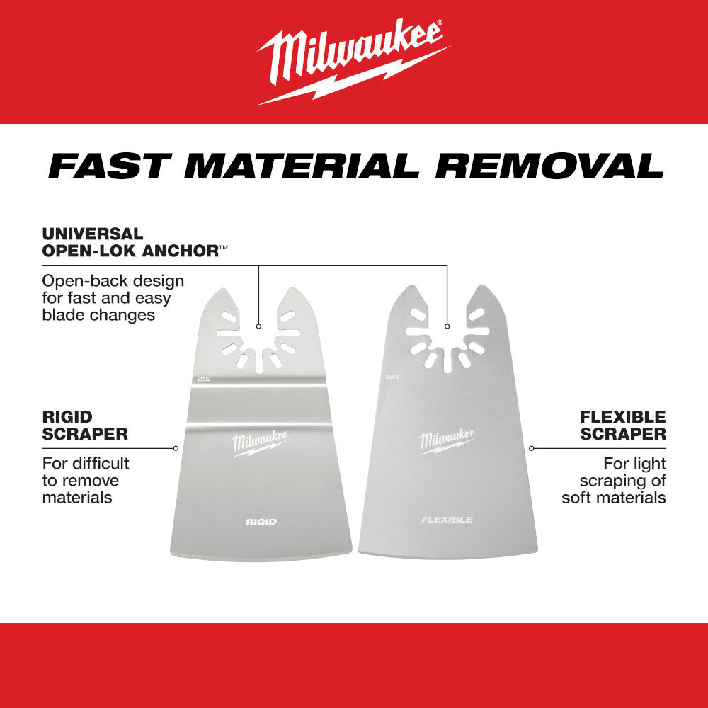 Milwaukee 49-25-2202 OPEN-LOK 2pc 2-inchUniversal Fit Rigid  and Flexible Multi-Tool Oscillating Scraper Set showing features of the scrapers