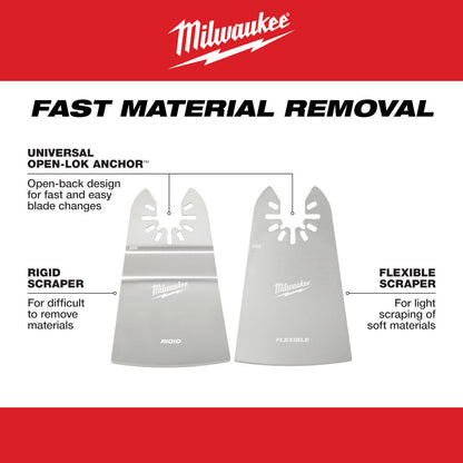Milwaukee 49-25-2202 OPEN-LOK 2pc 2-inchUniversal Fit Rigid  and Flexible Multi-Tool Oscillating Scraper Set showing features of the scrapers