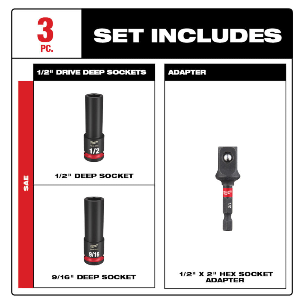 Milwaukee 49-66-4485 SHOCKWAVE Impact Duty 3pc 1/2 inch SAE Deep Well 6 Point Socket Set