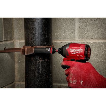 Milwaukee 48-32-5034 SHOCKWAVE Impact Duty 2 inch x 1/2 inch Square Socket Adapter showing attachment in use with socket attached fastening bolt into concrete through bracket (Socket sold separately)