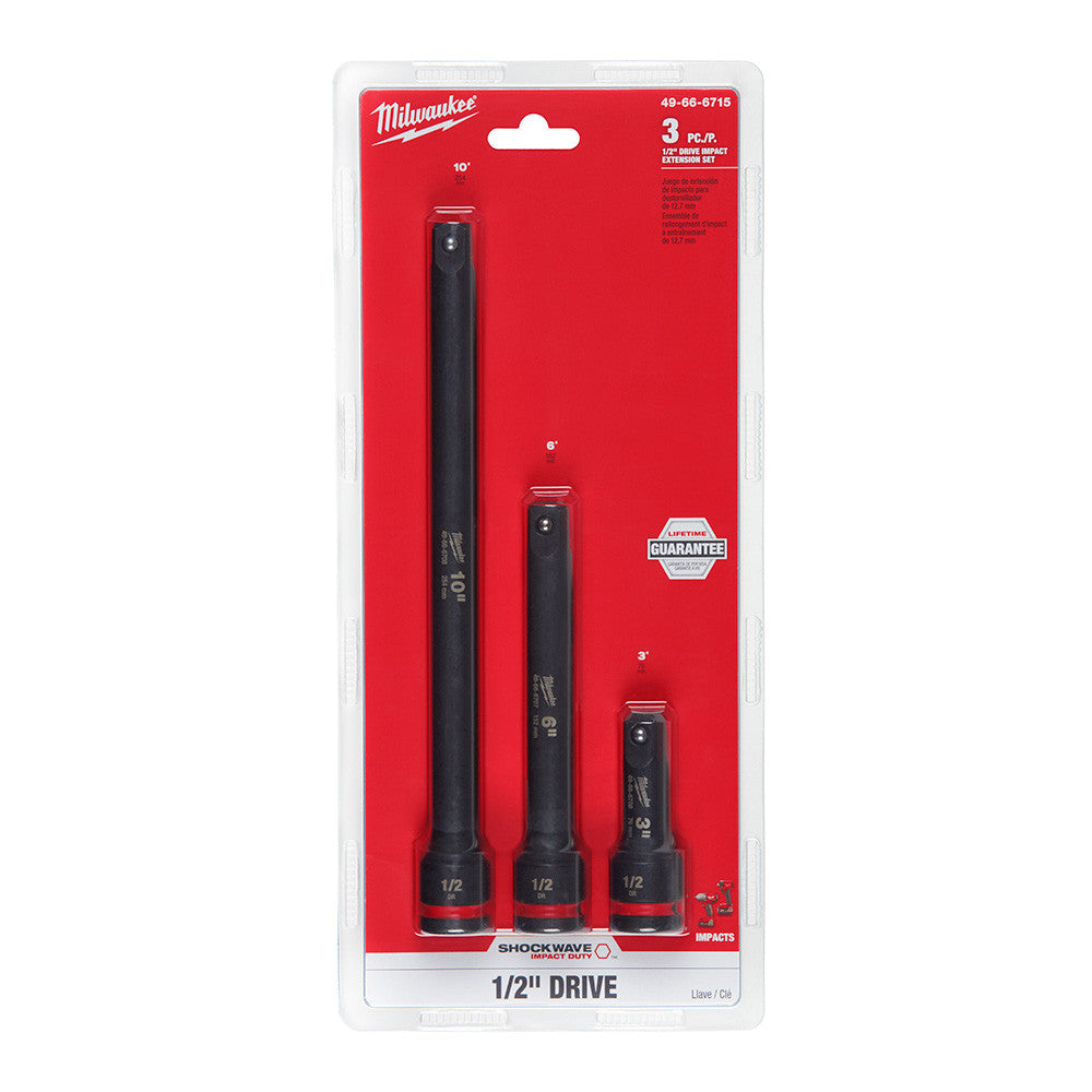Milwaukee 49-66-6715 3pc SHOCKWAVE Impact Duty 1/2-inch Drive Extension Set showing extensions in packaging