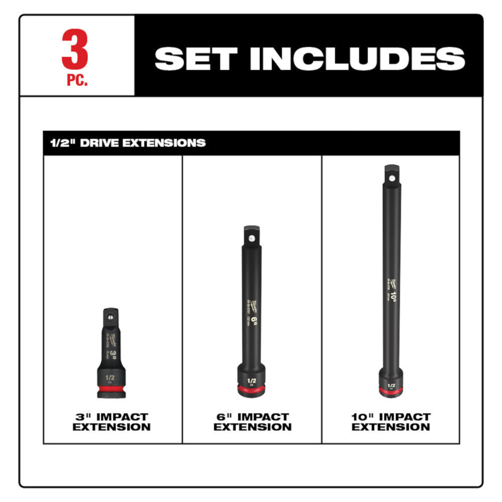 Milwaukee 49-66-6715 3pc SHOCKWAVE Impact Duty 1/2-inch Drive Extension Set showing inclusions of the set