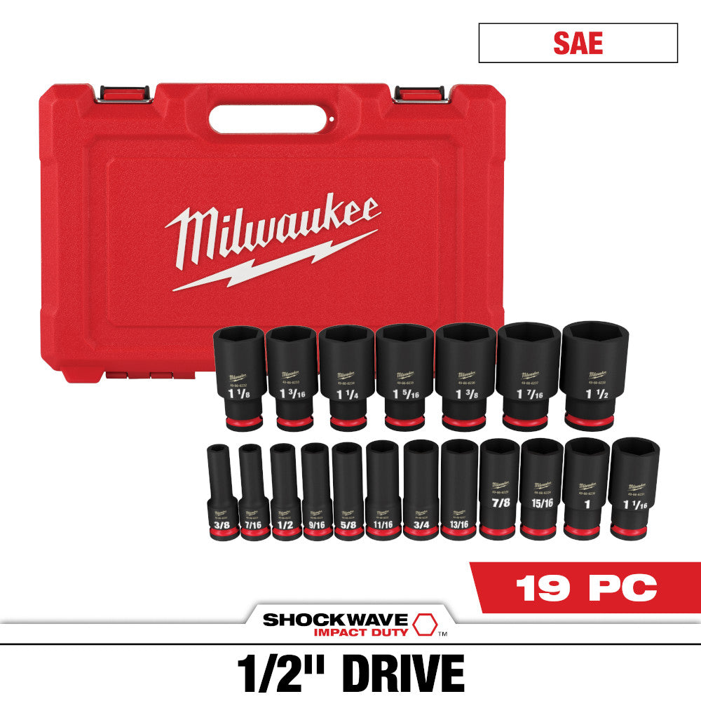 Milwaukee 19pc SHOCKWAVE Impact Duty 1/2in Drive SAE Deep 6 Point Socket Set
