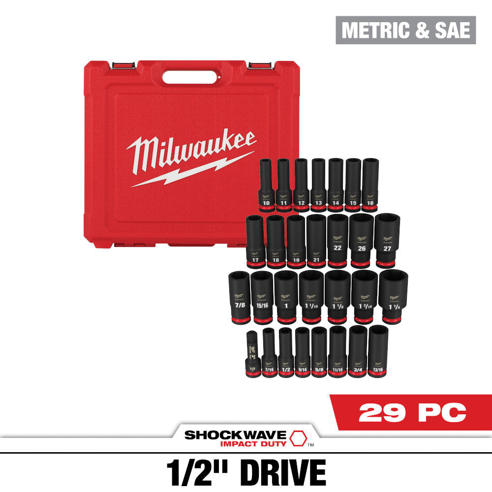Milwaukee 29pc SHOCKWAVE Impact Duty 1/2in Drive SAE & Metric Deep 6 Point Socket Set