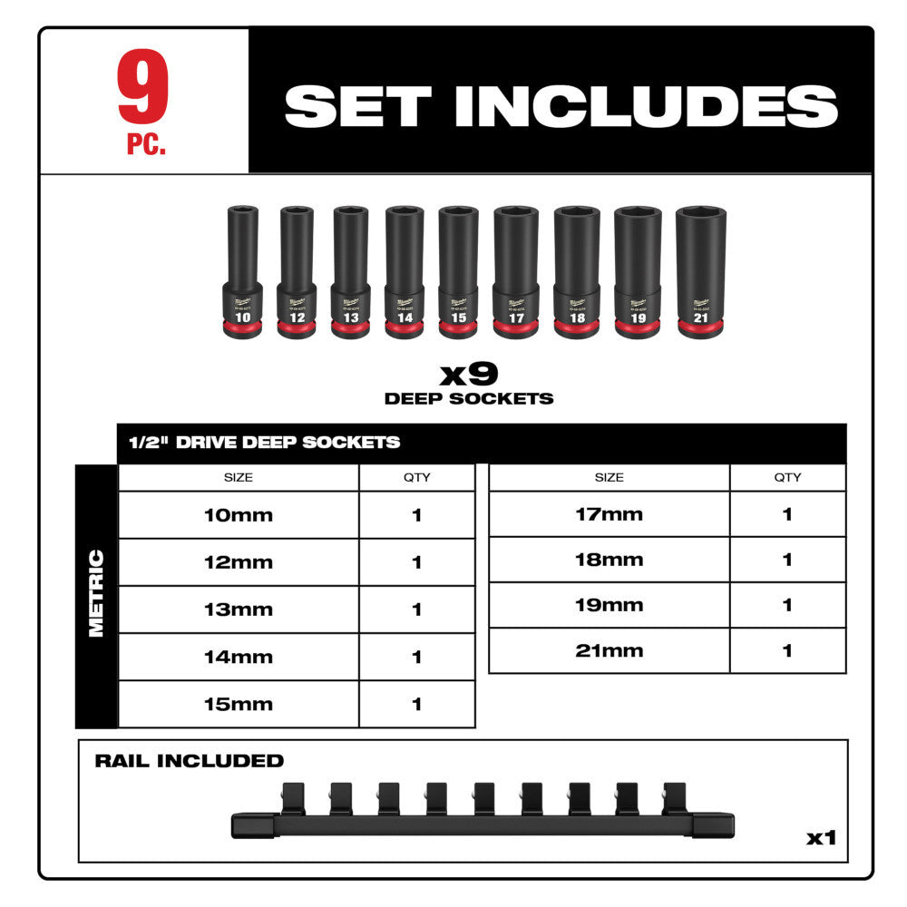 Milwaukee 49-66-7032 SHOCKWAVE Impact Duty 9pc 1/2 Inch Metric Deep 6 Point Socket Set