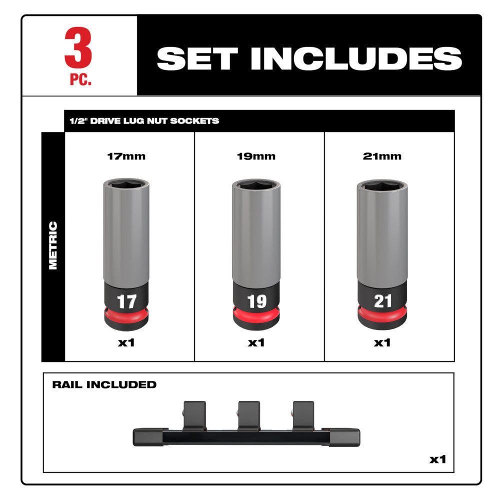 Milwaukee 49-66-7830 SHOCKWAVE Impact Duty 3pc 1/2 Inch Drive Metric Lug Nut Wheel Socket Set
