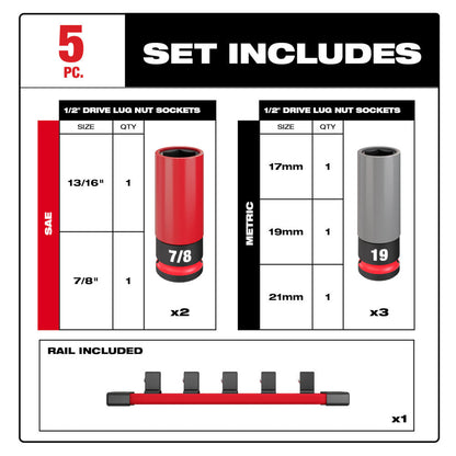 Milwaukee 49-66-7831 SHOCKWAVE Impact Duty 5pc 1/2 Inch Drive SAE & Metric Lug Nut Wheel Socket Set