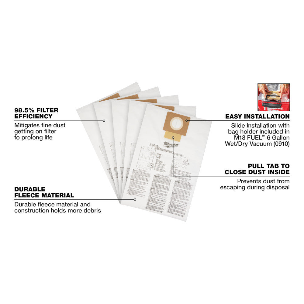 Milwaukee 49-90-1979 6 Gallon Wet/Dry Vacuum Fleece Dust Bags - 5 pack