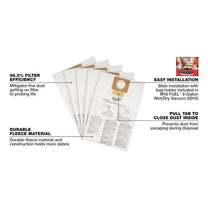 Milwaukee 49-90-1979 6 Gallon Wet/Dry Vacuum Fleece Dust Bags - 5 pack