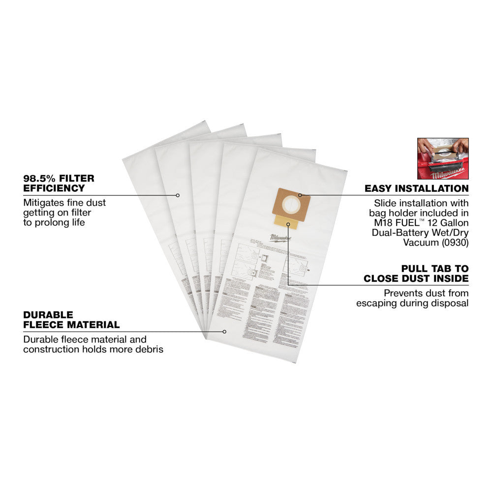 Milwaukee 49-90-1999 12 Gallon Wet/Dry Vacuum Fleece Dust Bags - 5 pack