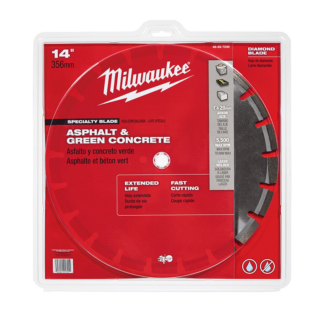 Milwaukee 49-93-7240 14 inch Diamond Asphalt  and Green Concrete Segmented Blade showing blade in packaging