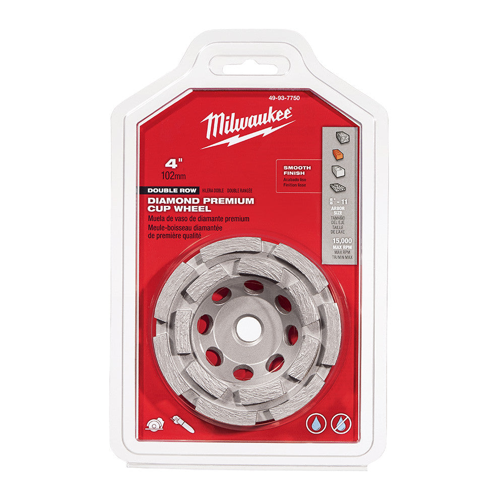 Milwaukee 4 inch Double Row Segmented Diamond Cup Wheel showing wheel in packaging