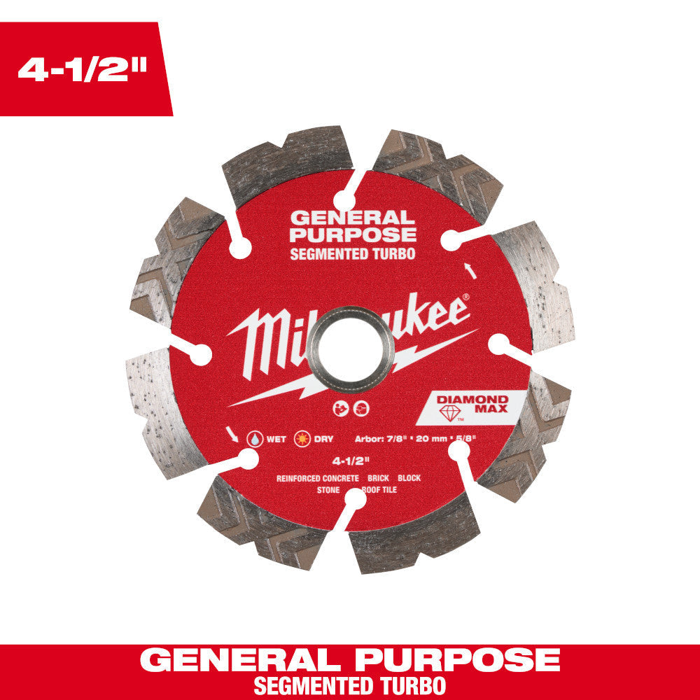 Milwaukee 49-93-9004 DIAMOND MAX General Purpose 4-1/2 inch Segmented Turbo Diamond Blade