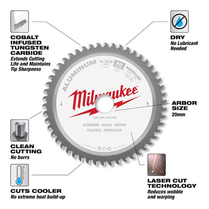 Milwaukee 48-40-4075 5-3/8 inch x 50T Non-Ferrous Metal  and Aluminum Cutting Circular Saw Blade showing features of the saw blade