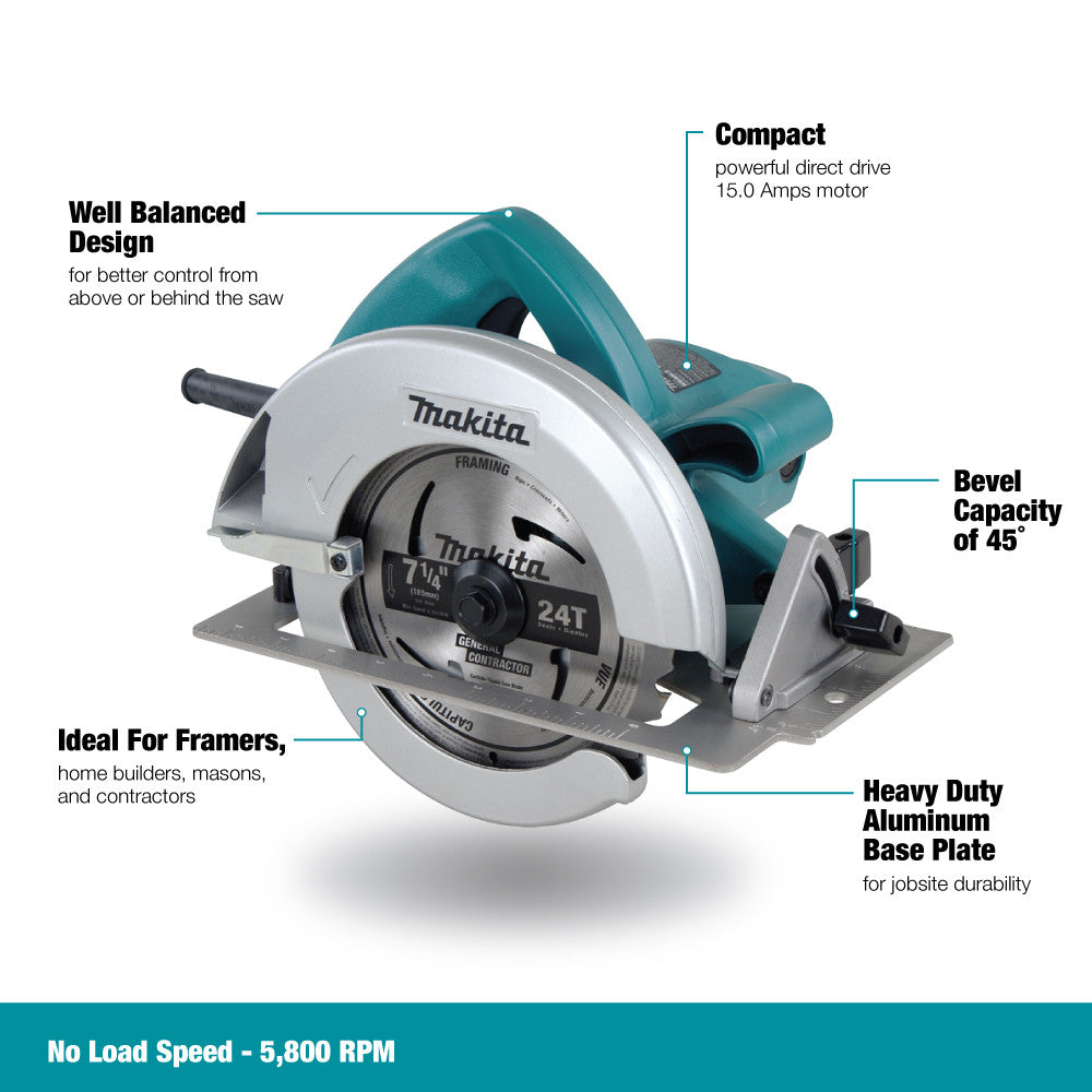 Makita 5007NB 15 Amp 7-1/4 inch Circular Saw showing features of the circular saw in English