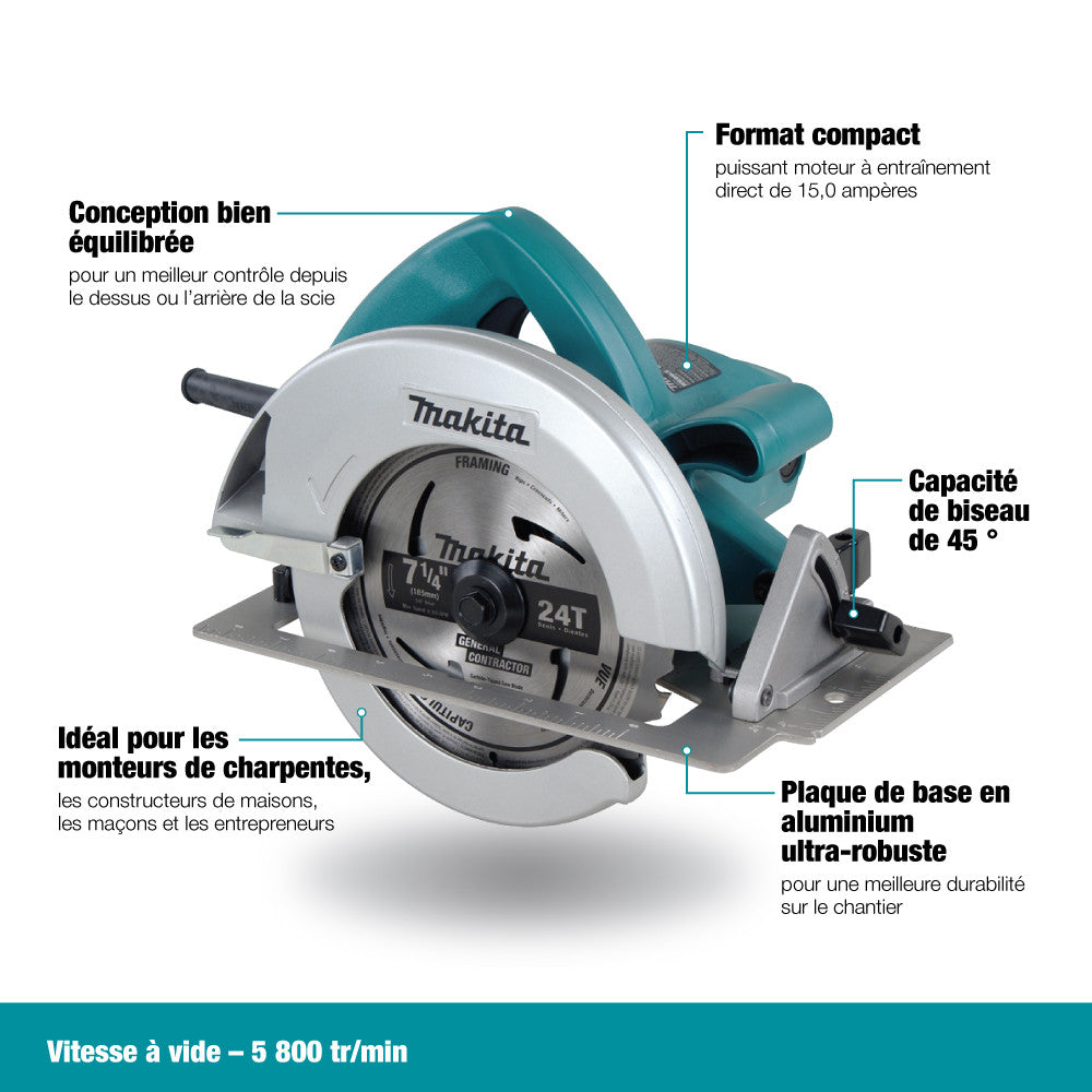 Makita 5007NB 15 Amp 7-1/4 inch Circular Saw showing features of the circular saw in French