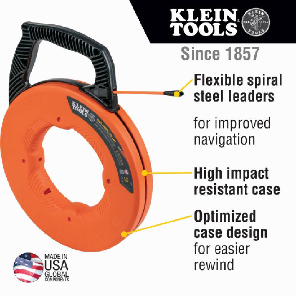 Klein Tools 56382 50 foot Multi-Groove Fibreglass Fish Tape with Nylon Tip