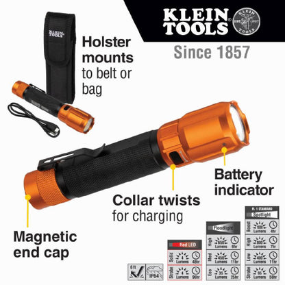Klein Tools 56413 Rechargeable 2-Color LED 1000 Lumen Flashlight with Holster