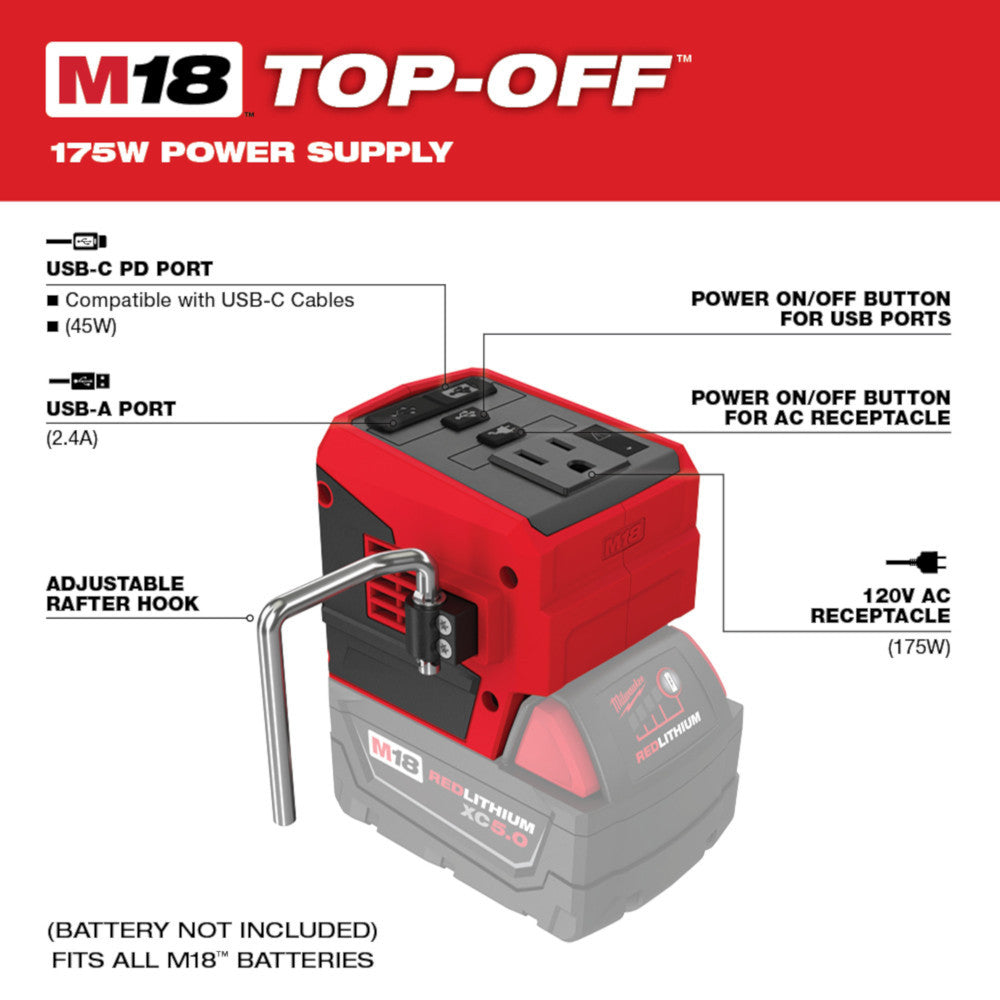 Milwaukee 2846-20 M18 TOP-OFF 175W Power Supply / Inverter (battery sold separately)