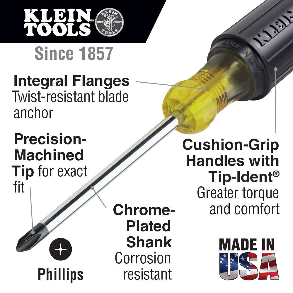 Klein Tools 603-6 #3 x 6-inch Round Shank Phillips Screwdriver showing features of the screwdriver