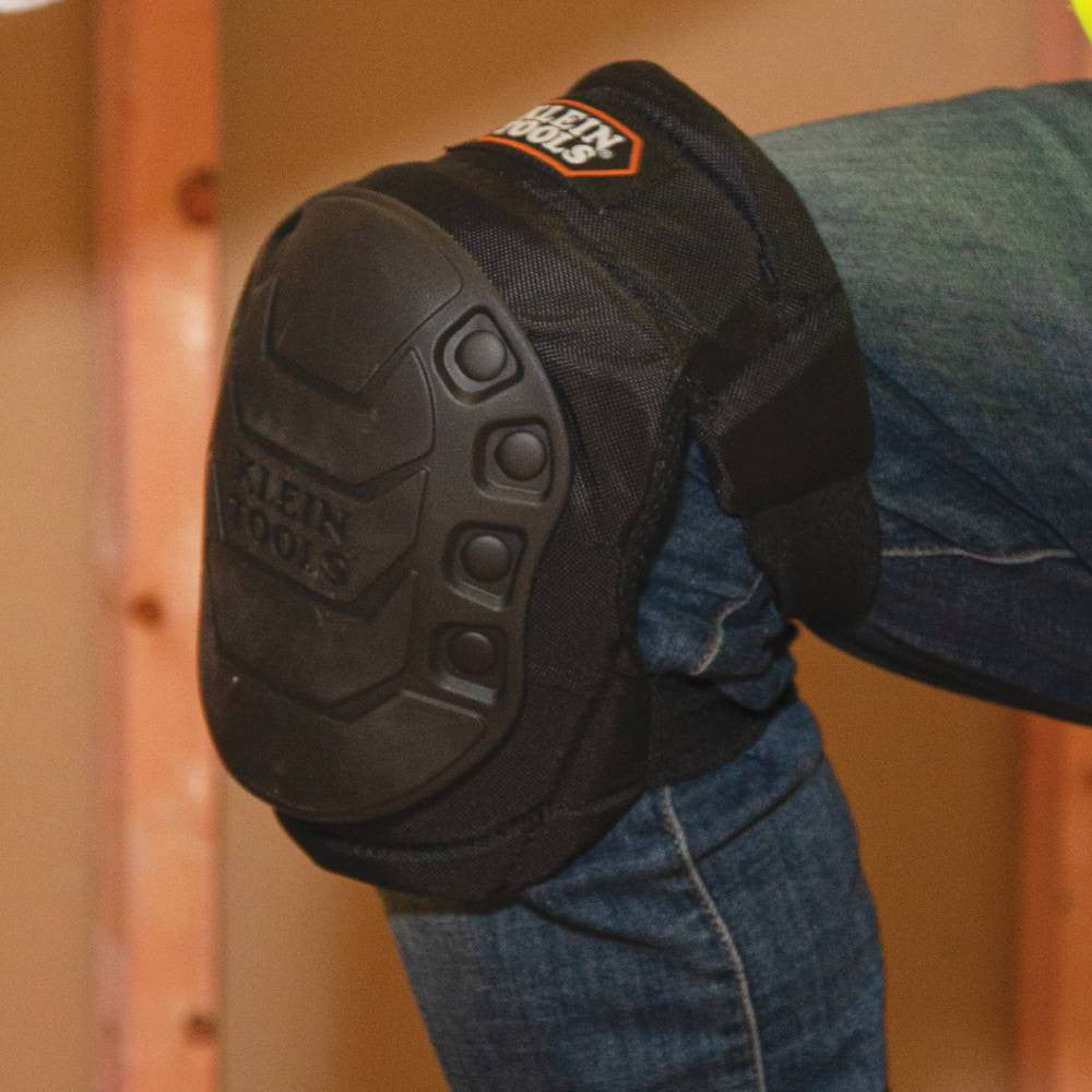 Klein Tools 60344 Hinged Gel Knee Pads showing knee pads being worn