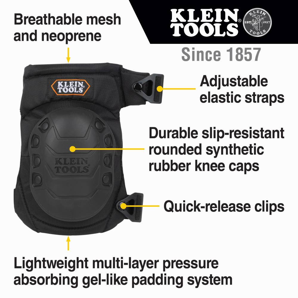 Klein Tools 60344 Hinged Gel Knee Pads showing features of the knee pads